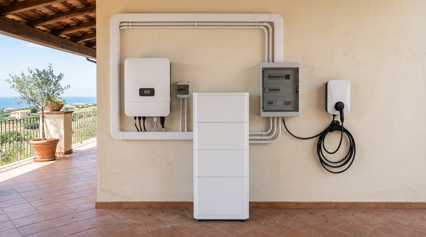 Installazione residenziale sotto portico con inverter ibrido, accumulo al litio LFP, quadro elettrico e wallbox EV